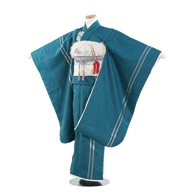 【レンタル】【あす楽】753 七五三 レンタル 着物 7歳 女の子 フルセット Y706 モダンアンテナ ターコイズブルーにライン 7歳女の子 75..