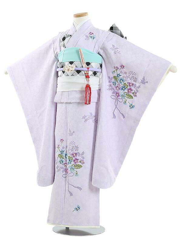 【レンタル】【あす楽】753 七五三 レンタル 着物 7歳 女の子 フルセット Y704 Kami shibai すみれ刺繍 ラベンダー 7歳女の子 753 子供 往復送料無料【0APY704】