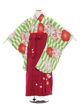 【レンタル】【あす楽】10歳前後 女児袴レンタル A033 グリーン 矢柄 花×ローズ袴セット 140-145cm 10歳 卒業式 小学生 卒業袴 6年生 貸衣装 子供着物【0ARA033】