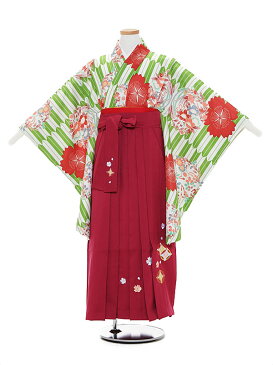 【レンタル】【あす楽】10歳前後 女児袴レンタル A033 グリーン 矢柄 花×ローズ袴セット 140-145cm 10歳 卒業式 小学生 卒業袴 6年生 貸衣装 子供着物【0ARA033】