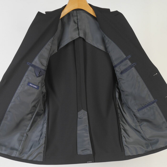 上下洗える スーツ3ピース ノータック スリム ビジネススーツ メンズ【Y4】黒 ストライプ柄 13000 SS5013