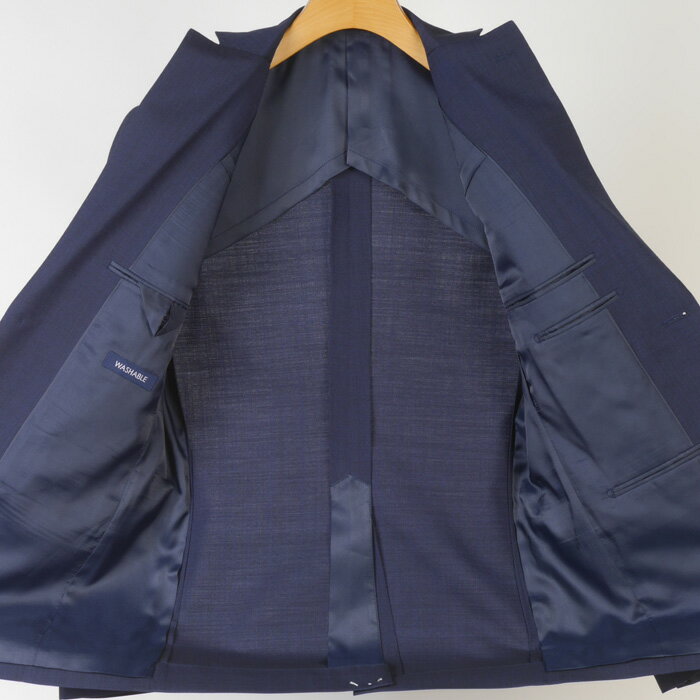 上下洗える スーツスリーピース ノータック スリム ビジネススーツ メンズ裾上げ済 小さいサイズ【Y3】紺織り柄 18000 SS7041