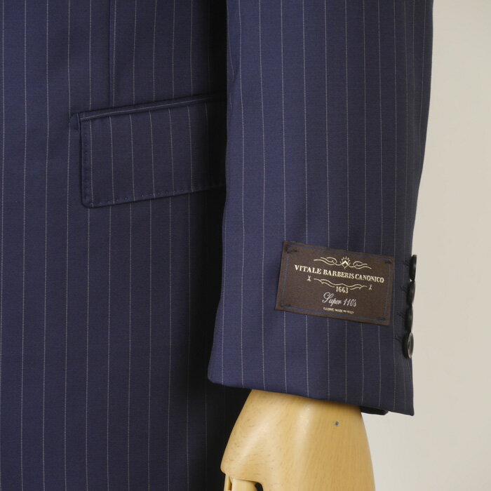 3ピース カノニコ スーツ【CANONICO】 Super110'sノータック スリム ビジネススーツ メンズ【BB体】良質な艶感 紺ストライプ 39000 me tRS8050bb