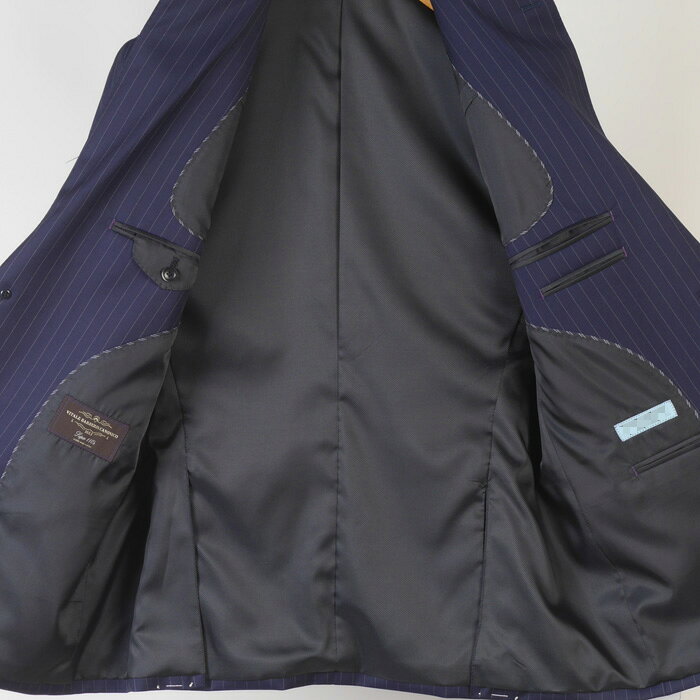 3ピース カノニコ スーツ【CANONICO】 Super110'sノータック スリム ビジネススーツ メンズ【BB体】良質な艶感 紺ストライプ 39000 me tRS8050bb