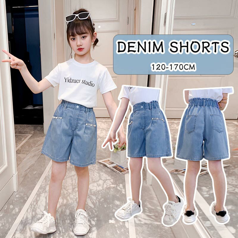 Rakuten - 子供服 ジーンズ ショートパンツ パール付き 子供 デニム パンツ 夏着 ガールズデニムショーツ カジュアル 韓国 ズボン デニム短パン ファッション キッズ 女の ダンス衣装 通学着 普段着 コーデ おしゃれ 中学生 ジュニア