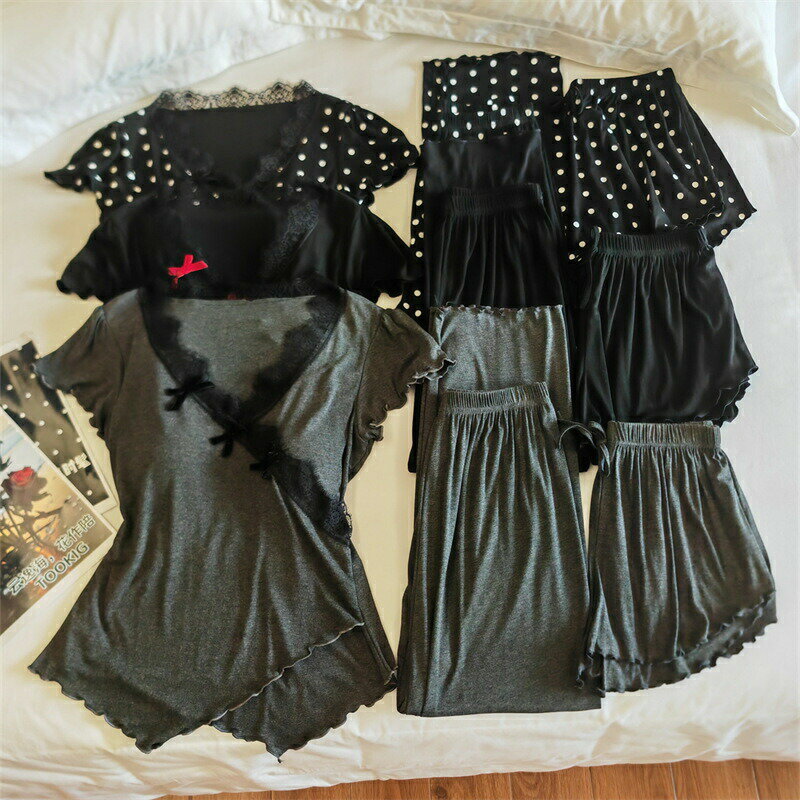 Rakuten - 【SS最大P5】モダール パジャマ レディース ルームウエア 6色展開 夏服 半袖・ショートパンツ・ロングパンツ 上下3点セット セクシー 薄手 固定パッド付き ホームウェア カジュアル シンプル 柔らかい お洒落 M LXL XXL