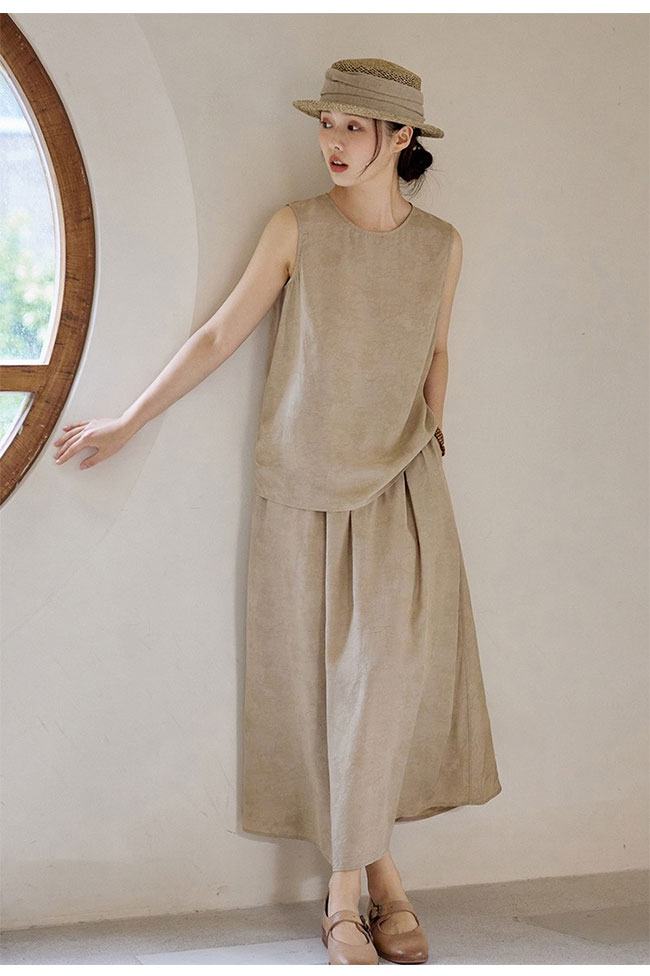 セットアップ レディース 上下セット 2点セット 涼感 高級感 花柄 ジャガード トップス ノースリーブ スカート ロング丈 大人 ゆったり リラックス カジュアル キレイめ 春 夏 脚長効果 体型カバー