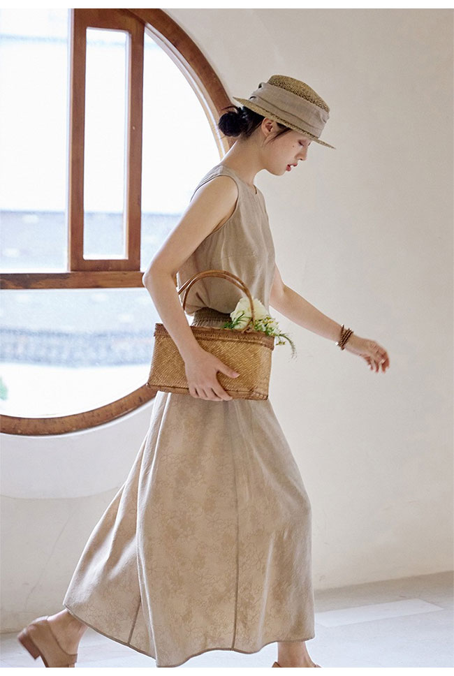 セットアップ レディース 上下セット 2点セット 涼感 高級感 花柄 ジャガード トップス ノースリーブ スカート ロング丈 大人 ゆったり リラックス カジュアル キレイめ 春 夏 脚長効果 体型カバー