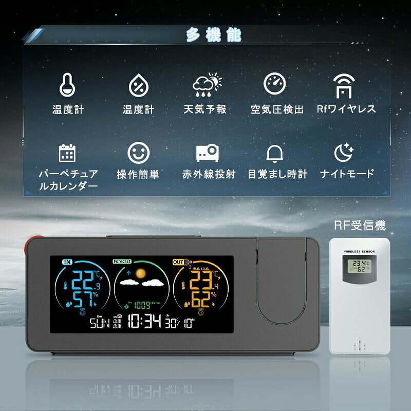 【最大P10】デジタル時計 多機能時計 目覚まし時計 LED時計 プロジェクター スヌーズ クロック 置き時計 壁/天井投影 温度/湿度/パーペチュアルカレンダー/アラーム 携帯充電 自動輝度調節 投影180