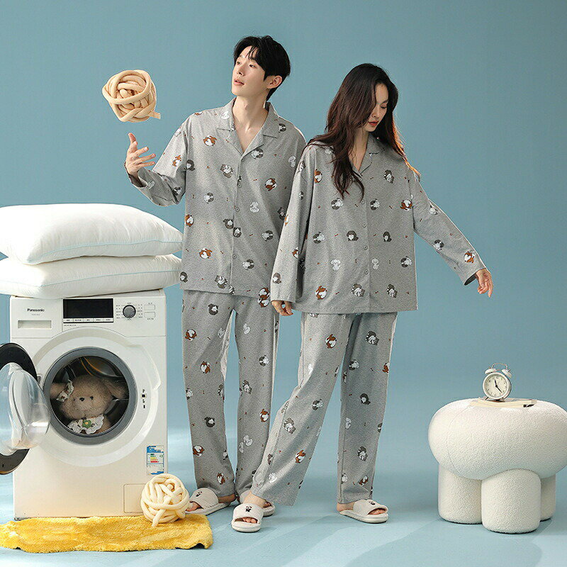 【最大P5】ペア パジャマ 長袖 男女2着 セット 綿100％ 犬 セットアップ カップル 抗菌 秋 長袖トップス ルームウェア 前開き 冬 コットン ペアパジャマ 結婚祝い プレゼント お祝い おもしろ 春秋 夫婦 ギフト 上下セット レディース