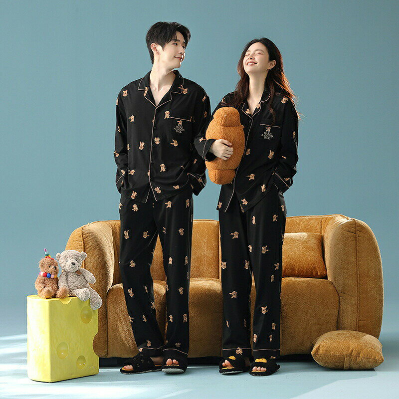 【最大P5】ペア パジャマ 長袖 男女2着 セット 綿100％ 犬 セットアップ カップル 抗菌 秋 長袖トップス ロングパンツ ルームウェア 前開き 冬 コットン ペアパジャマ 結婚祝い プレゼント お祝い おもしろ 春秋 夫婦 ギフト 上下セット