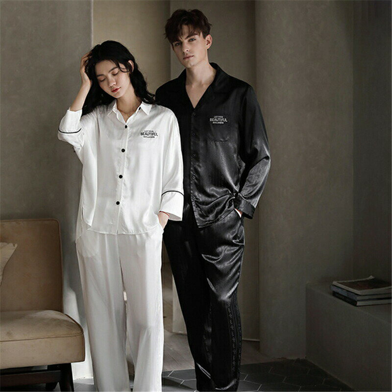 【最大P5】ペア パジャマ 合成シルク 長袖 男女2着 セット セットアップ 前開き カップル 春 秋 ストライプ ルームウェア 夏 レディース 高級 サ メンズ 結婚祝い プレゼント ペアパジャマ 春夏 シルクの質感 おすすめ セクシー