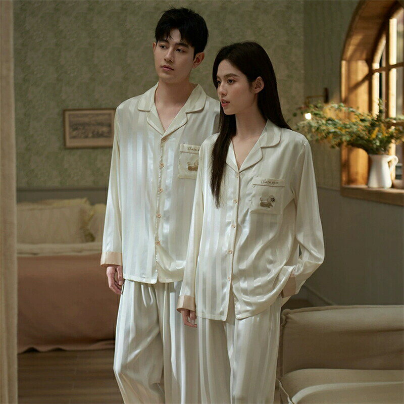 【最大P5】ペア パジャマ 合成シルク 長袖 男女2着 セット カップル 長袖トップス ストライプ シルク ルームウェア 夏 レディース 2点セット 高級 サテン メンズ 結婚祝い プレゼント ペアパジャマ 春夏 シルクの質感 おすすめ セクシー