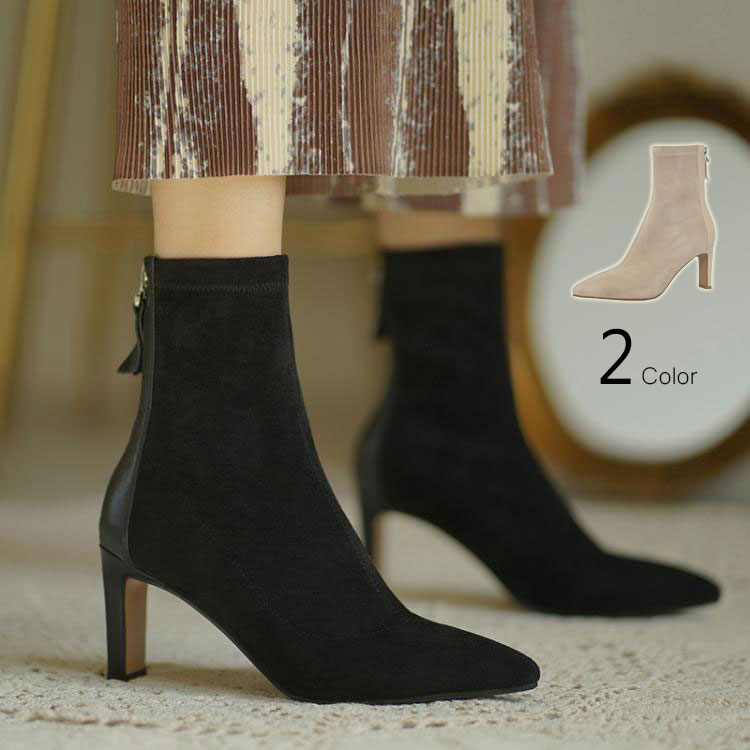 【最大P5】ショートブーツ レディース 秋冬 ストレッチブーツ ショート ストレッチ ポインテッドトゥ 痛くない 歩きやすい チャンキーヒール 疲れにくい スエード おしゃれ 靴 シューズ ブーツ ハイヒール 美脚 通勤 OL