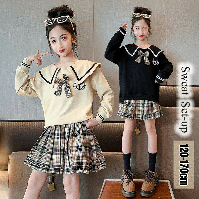 子供服 女の子 パーカー スカート チェック柄 スウェット 長袖 セットアップ ジュニア服 トップス プリーツスカート フォーマル ガールズ フォーマルスーツ 春 秋 キッズ ジャージ 上下セット 子ども服 リボン