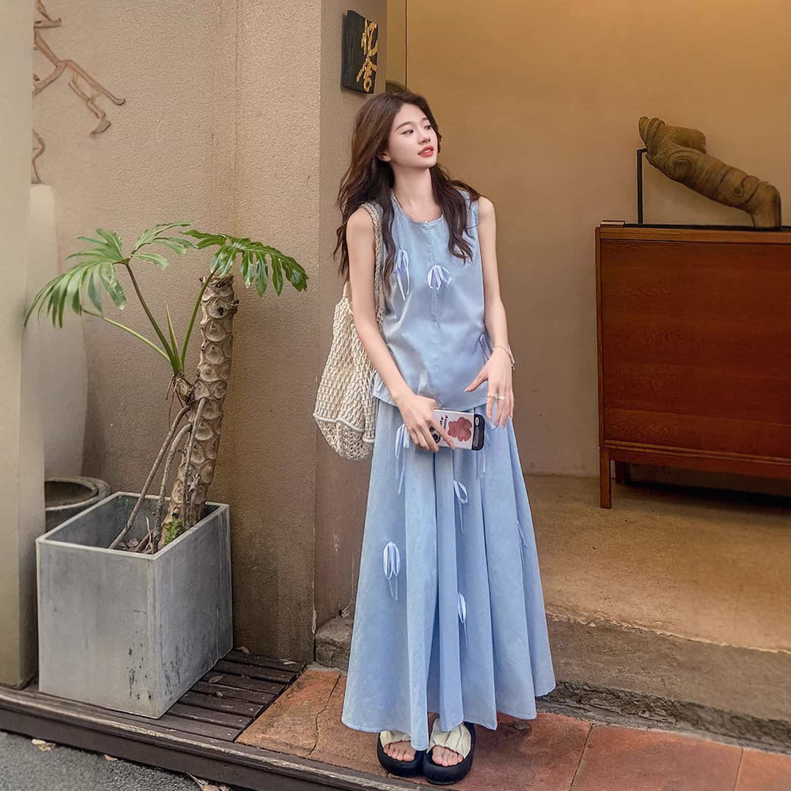 Rakuten - 【SS最大P5】セットアップ レディース 夏服 2点セット ノースリーブ トップス ロングスカート リボン付き フレンチスタイル 森ガール 大人可愛い カジュアル ゆったり 涼しい 上下セット 体型カバー お洒落