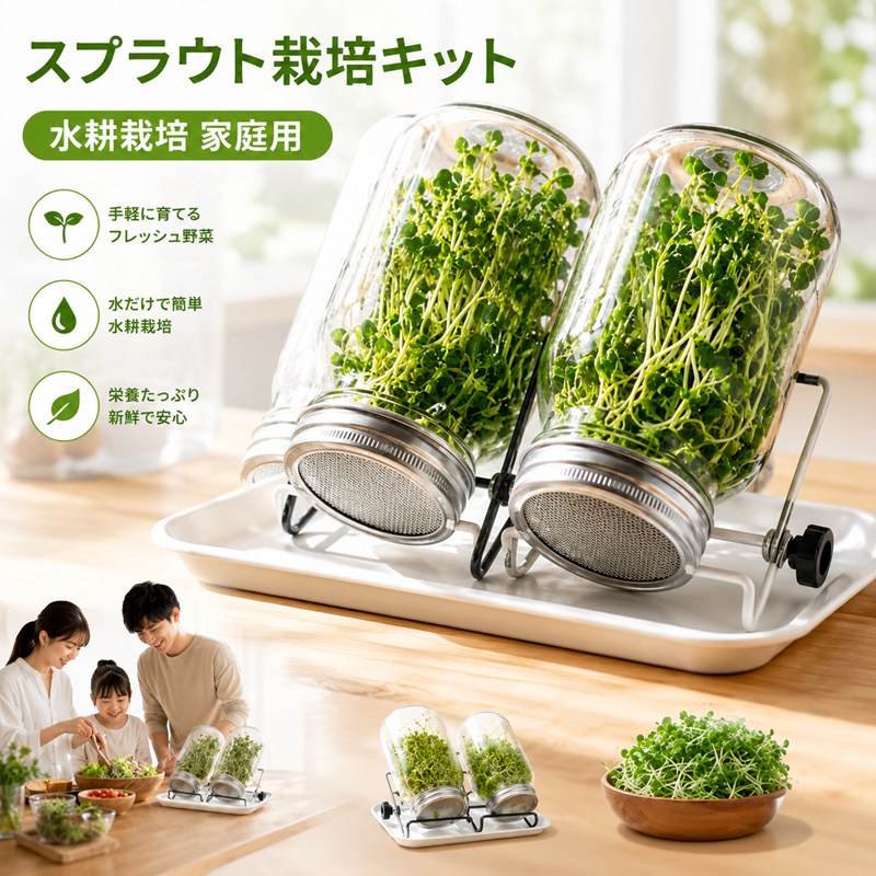 サイズごとにセット内容が異なりますので、ご購入前にご確認ください。500ml / 750ml：ボトル 2 本、スタンド 2 個、トレイ 1 個。遮光スリーブは含まれません。1000ml：ボトル 2 本、スタンド 2 個、トレイ 1 個に加え、遮光スリーブ 2 個が付属しております。【簡単水耕栽培キット】 スプラウト栽培キットとして、ブロッコリースプラウト緑豆などが育てられます。無土壌の栽培キット水耕栽培だから、土を使わず清潔。家庭用にぴったりです。【2個セット＆ガラス瓶メッシュ蓋】 2個セットのガラス瓶は透明で発芽の様子がよく見えます。メッシュ蓋が通気性と水切れを良くし、カビを防止。ステンレススタンドで安定した水耕栽培が可能です。【キッチンで楽しむ室内園芸】 スペースを取らず、キッチンに置いて毎日生長を観察。室内園芸初心者でも簡単です。ドリップトレイ付きで水漏れ防止。食洗機対応のパーツでお手入れらくらく。【ブロッコリースプラウト発芽が簡単】 ブロッコリースプラウトやアルなど、お好みの種で発芽を楽しめます。無土壌だから根腐れしらず。水を替えるだけで健康的に育てられます。【毎日のグリーンライフに最適】 自宅で新鮮なスプラウトを収穫。栽培キット水耕栽培は繰り返し使えます。ギフトにもおすすめ。あらゆるキーワードを網羅した完璧なスプラウト栽培キットです。【ご注意】本製品を使用した事による、直接的もしくは間接的に生じた損害、破損(データを含む)については弊社では責任を負いかねます。商品のお色は撮影時の環境、ディスプレイの発色などにより実物と多少の違いが生じることがございます。予めご了承下さいませ。イメージ違いでのご返品は不可となります。代金引換決済はご利用いただけません。配送日時のご指定はできません。簡易梱包で発送させていただきます。初期不良は商品到着後7日以内にご連絡いただいたものが対象となります。住所不備/送付先間違い/部屋番号の記入漏れなどにより、商品が返送された場合には、再発送料金を別途ご負担いただきます。予めご了承の上、ご注文くださいますようお願い致します。