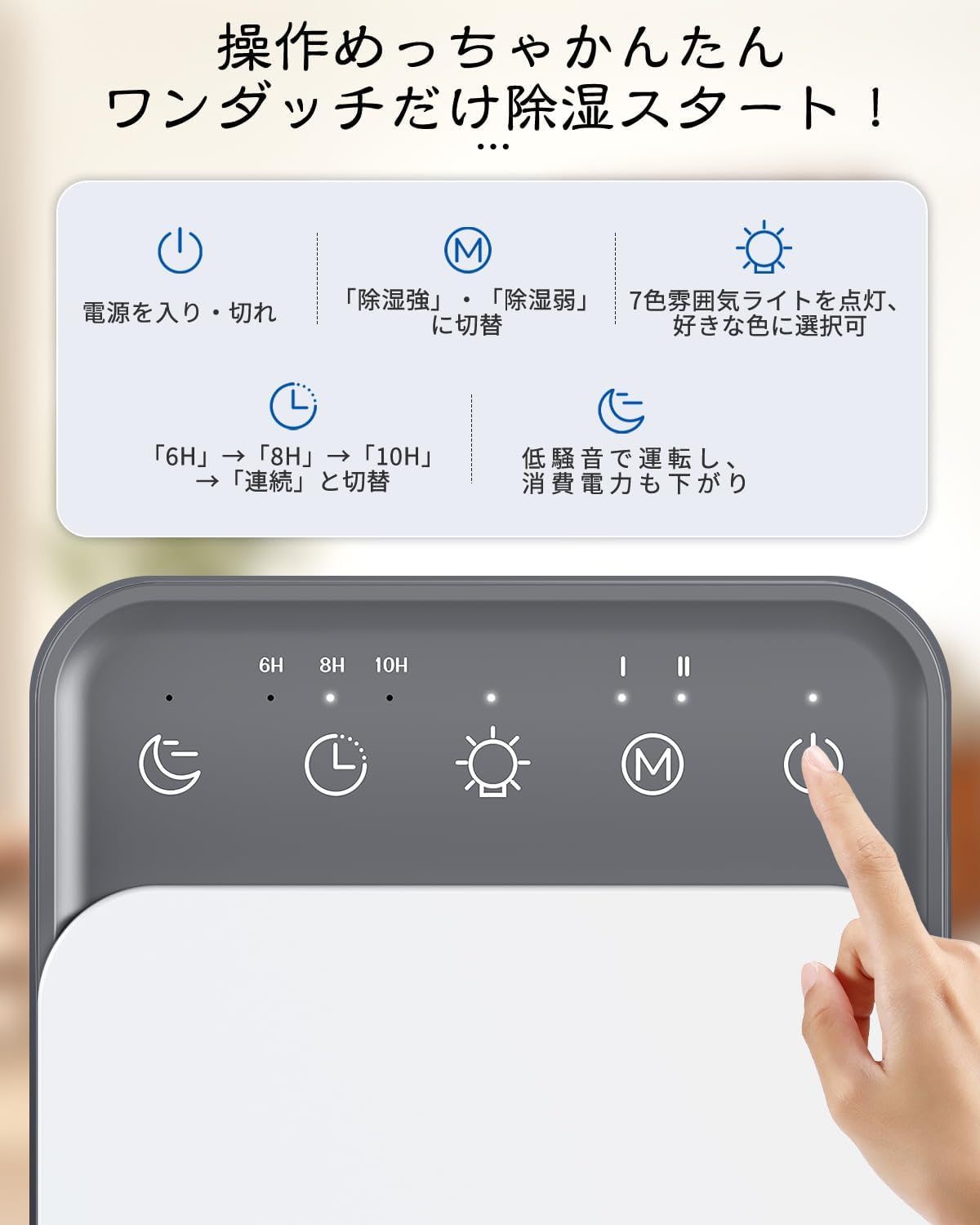 日用雑貨ヤブーショップ楽天市場店の除湿機 小型 【1500ML大容量タンク】 じょしつき 部屋 静音 強力 除湿乾燥 湿気取り 8畳まで対応 10時間切タイマー付 満水時自動停止 七色ライト付 ペルチェ式 狭所向け 除湿器 コンパクト 省エネ｜アングル2