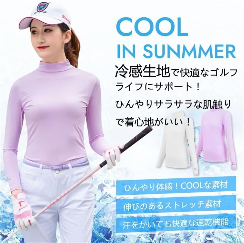 日用雑貨ヤブーショップ楽天市場店のゴルフウェア レディース インナーシャツ ハイネック UPF50+ 接触冷感 UVカット ストレッチ 日焼け防止 通気吸汗 速乾 薄手 GOLFウェア 伸縮性 長袖 ゴルフシャツ ヒンヤリ感｜アングル3