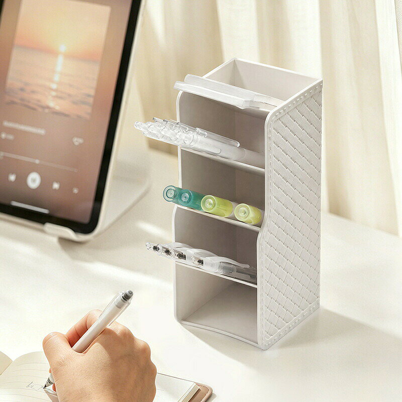 【2個セット】ペン立て 机上ペン収納ボックス 縦置き 斜め挿入 ペンスタンド 大容量卓上収納ケース ホワイト ツールスタンド デスク上置き棚 多機能 文具収納 小物入れ