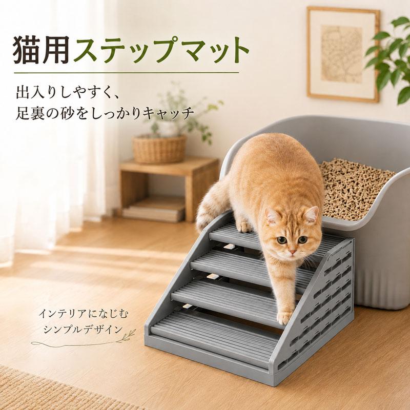 二重構造＆ハニカムデザインで砂をしっかりキャッチ表面のハニカム（蜂の巣）状の穴が、愛猫の足裏に付いた砂をしっかりキャッチ。二重構造になっているので、キャッチした砂はマットの内部に溜まり、床に散らばるのを防ぎます。キャッチした砂は再利用可能マットの内部に溜まった猫砂は、そのまま猫トイレに戻して再利用できます。経済的でエコな設計です。水洗いOK！お手入れ簡単汚れたら丸ごと水洗い可能。繰り返し洗える耐久素材を使用しているので、いつでも清潔に保てます。こんな方におすすめ！猫砂がトイレの周りに飛び散って困っている方毎日の掃除時間を少しでも減らしたい方猫砂を無駄なく使いたい方おしゃれで機能的な猫用品をお探しの方プレゼントギフトとしても最適です猫砂マット 猫砂取りマット 砂取りマット 猫トイレマット 猫砂飛び散り防止 猫砂飛散防止 猫砂キャッチャー 猫トイレステップ 砂落としマット ステップマット ペット階段 シニア猫用ステップ 高さ調節 二重構造 砂キャッチ 防水 滑り止め 洗える 掃除簡単 猫用品 ペット用品