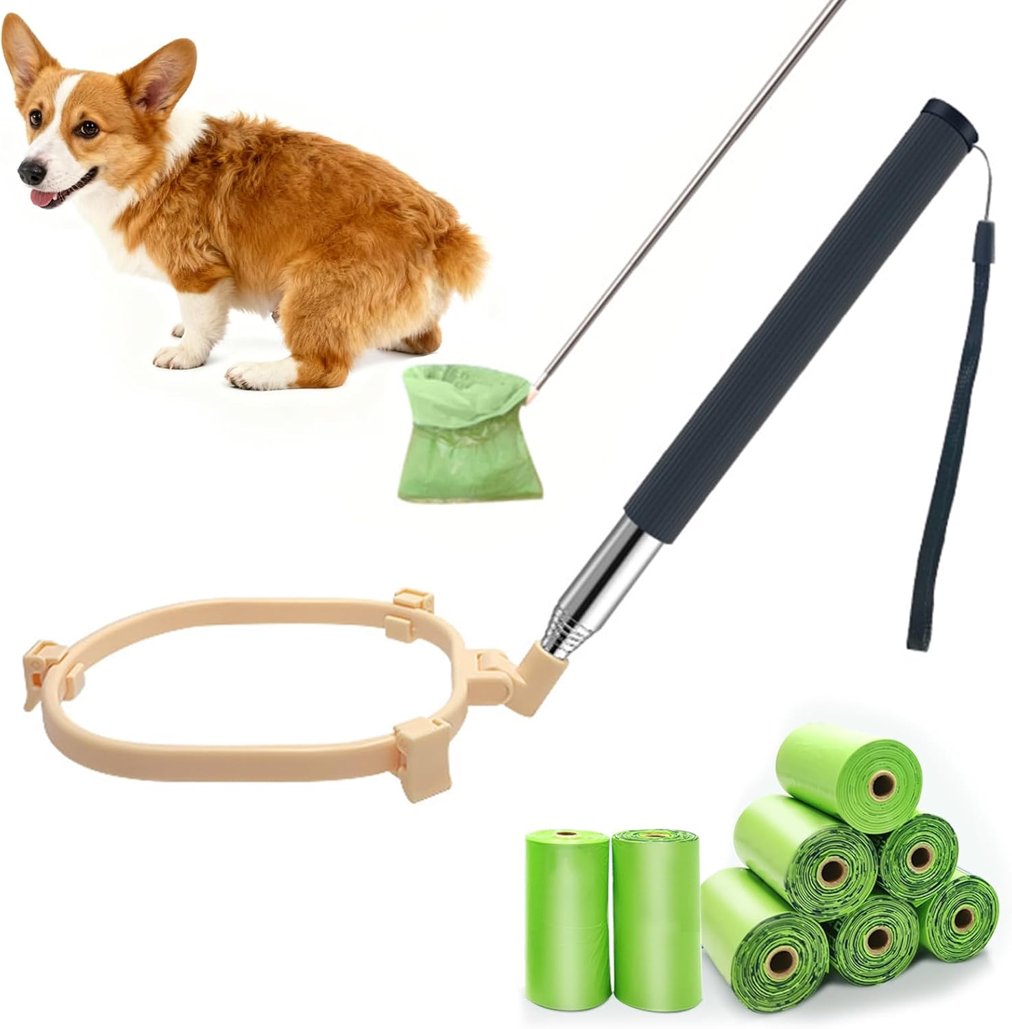 【腰を屈めず・ゼロコンタクト】「うんころキャッチ 犬」用の伸縮ハンドル（最大81cm）を搭載し、立ったまま簡単に操作できます。中高年や腰・首に不調がある方にも優しく、うんち袋をセットすれば糞との接触を避けられます。軟便や稀便もしっかりキャッチし、漏れや臭いを防ぎます。散歩や公園、ドライブ、キャンプなどで清潔に処理できる必需品です。 【折りたたみ・携帯便利】折りたたみ構造を採用し、折りたたんだ後のサイズはわずか12×12.5cm。「うんころキャッチ 犬」は散歩バッグや車の収納スペースに簡単に収まり、家庭の収納スペースも取りません。日常の散歩はもちろん、長距離旅行やペットホテル、アウトドアキャンプ時の応急処理にも最適です。 【3方向クリップ固定】工具不要で簡単に取り付け可能です。うんち袋の口を3方向クリップの溝に軽く押し込むだけで自動的に固定され、滑り落ちにくい設計です。初心者でも1秒で使いこなせ、広めの受け口で「漏れ」や「取り残し」の心配を解消します。5kg～40kgの小型・中型犬に対応し、解除ボタンを押せば簡単に分解・清掃が可能です。 【PP+ステンレス製】本体は高品質PPを使用し、しっかりした構造で折れにくいです。ハンドルはステンレス製で、耐食性に優れ錆びにくい特性を持ちます。長期間使用しても安定した品質を保ち、「うんちキャッチャー」としての信頼性を高めます。 【多シーン対応・犬猫両用】屋外散歩や公園、住宅街はもちろん、庭の掃除や室内バルコニー（子犬・老犬用トイレ）にも使用できます。さらに、固まったキャットリターや排泄物の掃除にも役立ち、ペットの糞取り器として多目的に活用できます。