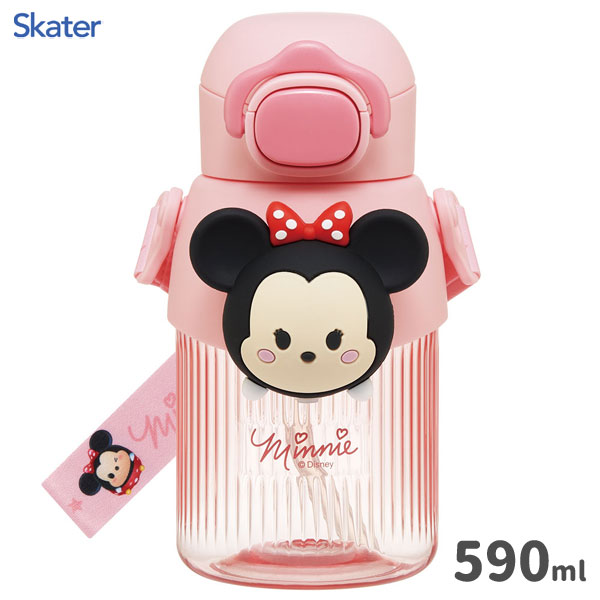 立体マスコット付 ストローボトル 590ml ディズニー ツムツム ミニーマウス スケーター PMSHP6 / 水筒 ボトル 冷水用 ワンタッチ ワンプッシュ ロック機能 ショルダーベルト付き 子供用 キッズ用 かわいい 可愛い キャラクター Disney ピンク /