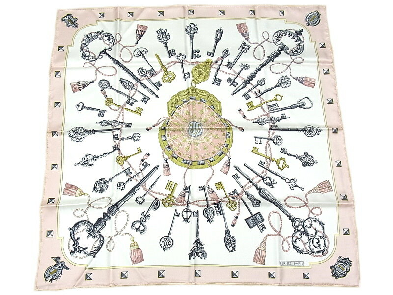 エルメス　HERMES　スカーフシルク100％　レディース　カレ90ピンク　ホワイト　キーモチーフ　 ...
