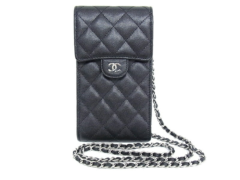 シャネル CHANEL iPhoneケース　スマホケースiPhoneショルダー　小物入れ　チェーンショルダーポーチキャビアスキン　黒　ブラック　AP2164シルバー金具　グレインドカーフスキン【中古】【程度A+】【極上美品】