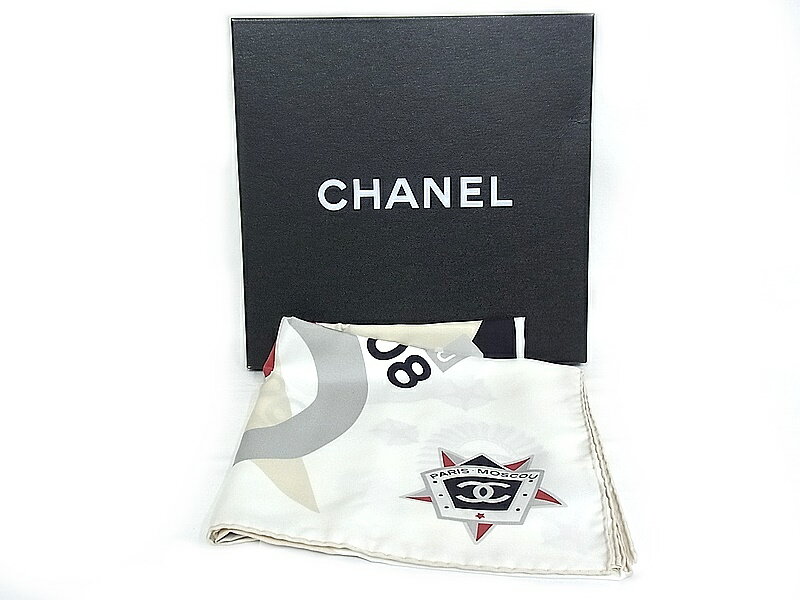 シャネル　CHANEL　スカーフシルク100％　レディースココマーク　ホワイト　2008年【中古品】【程度A+】【極上美品】