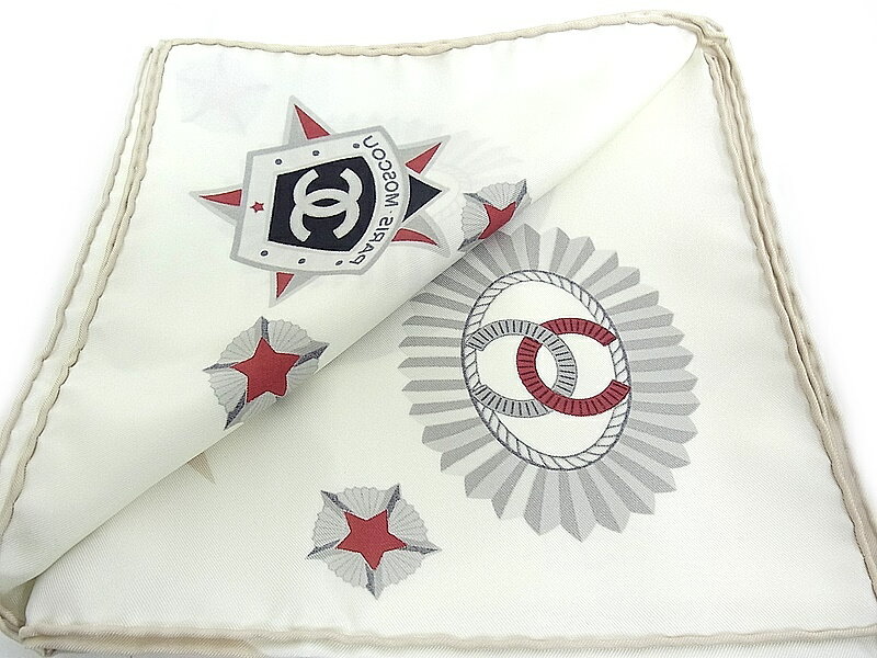 シャネル　CHANEL　スカーフシルク100％　レディースココマーク　ホワイト　2008年【中古品】【程度A+】【極上美品】