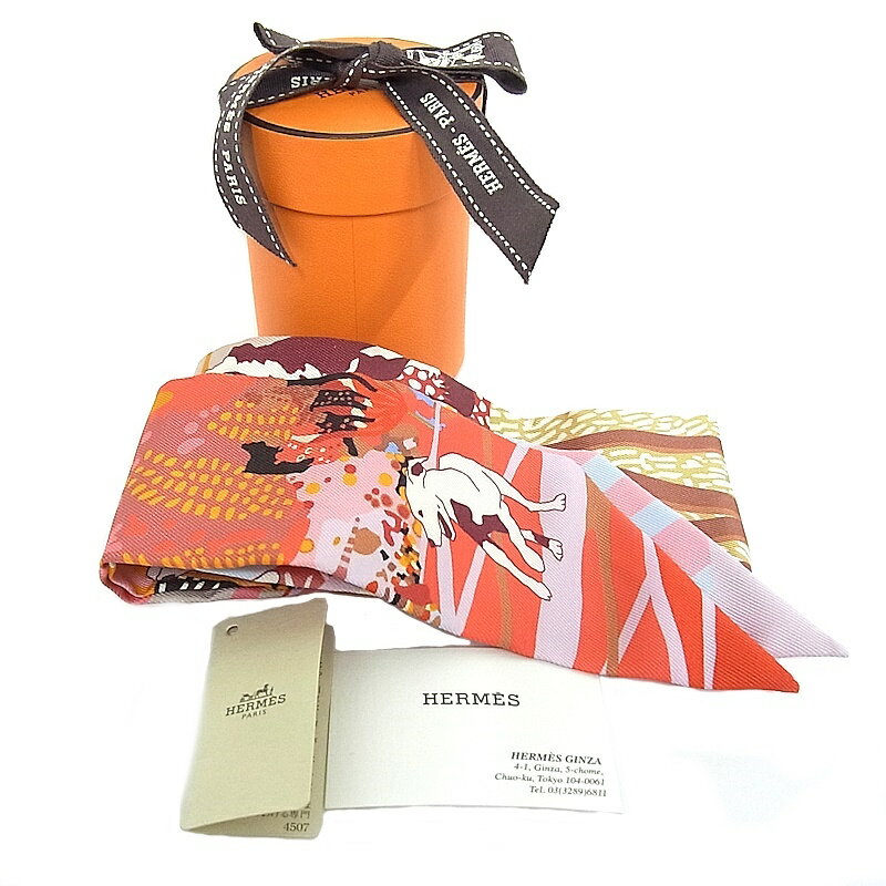 エルメス　HERMES　スカーフ ツイリーシルク100％　レディースバンダナ　マルチカラー　犬　ドッグ【中古品】【程度A+】【極上美品】