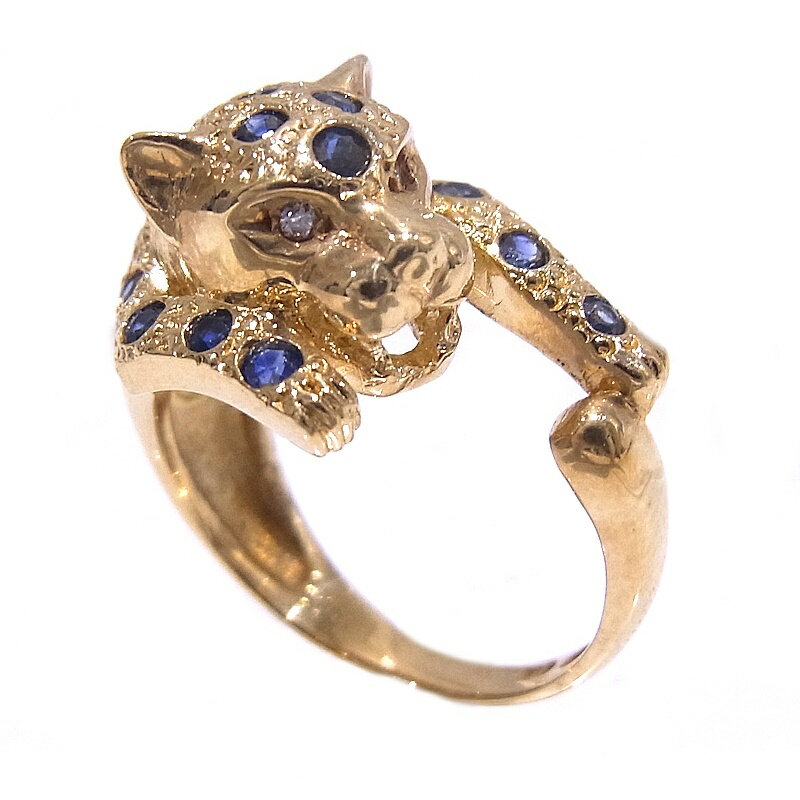 指輪　750　K18　YG　イエローゴールドノーブランド　リング　サファイア　ダイヤパンサーモチーフ　ヒョウ【中古】【程度A】【美品】