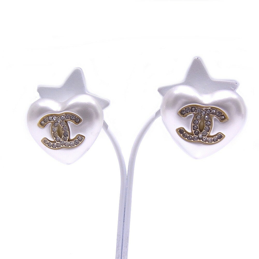 CHANEL　シャネル　ココマークピアスフェイクパール/ラインストーン入り　A21Bゴールド金具　ハート型　GP【中古】【程度A-】【良品】