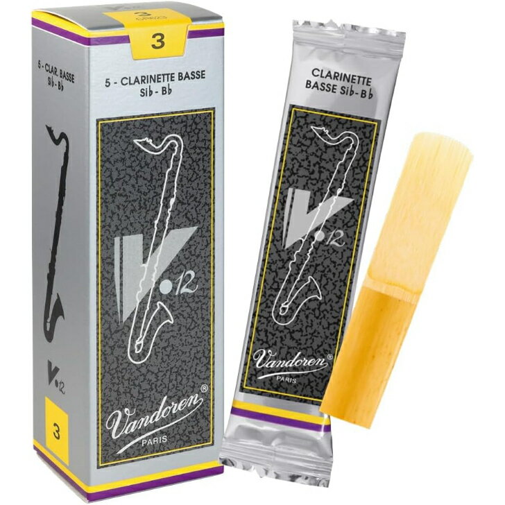 バンドーレン バスクラリネットリード V.12 (5枚入り) 振動しやすく深く豊かな音と最適なアタックが得られる人気のリード 種類：V12用途：バスクラリネット用内容量：5 枚入りV.12リードは、アルトサクソフォン用リードと同じ太さのケーンから作られます。したがって、ヒールが厚く、トラディショナルより若干ティップが厚く、∗パレットが長くカットされています。パレットが長いということは、振動しやすく深く豊かな音になります。ティップが厚いことは、最適なアタックが得られ、その上耐久性が増します。V.12はE♭クラリネット用とバス・クラリネット用も追加され、それぞれあたたかく豊かで力強いサウンドです。∗パレット　表皮を削った曲線からティップまでの長さ。最大限に振動する部分。 5