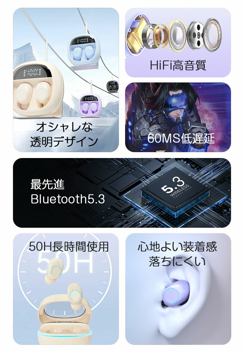 Bluetooth5.3 イヤホン カナル型 ワイヤレスイヤホン インナーイヤー型 透明ケース...