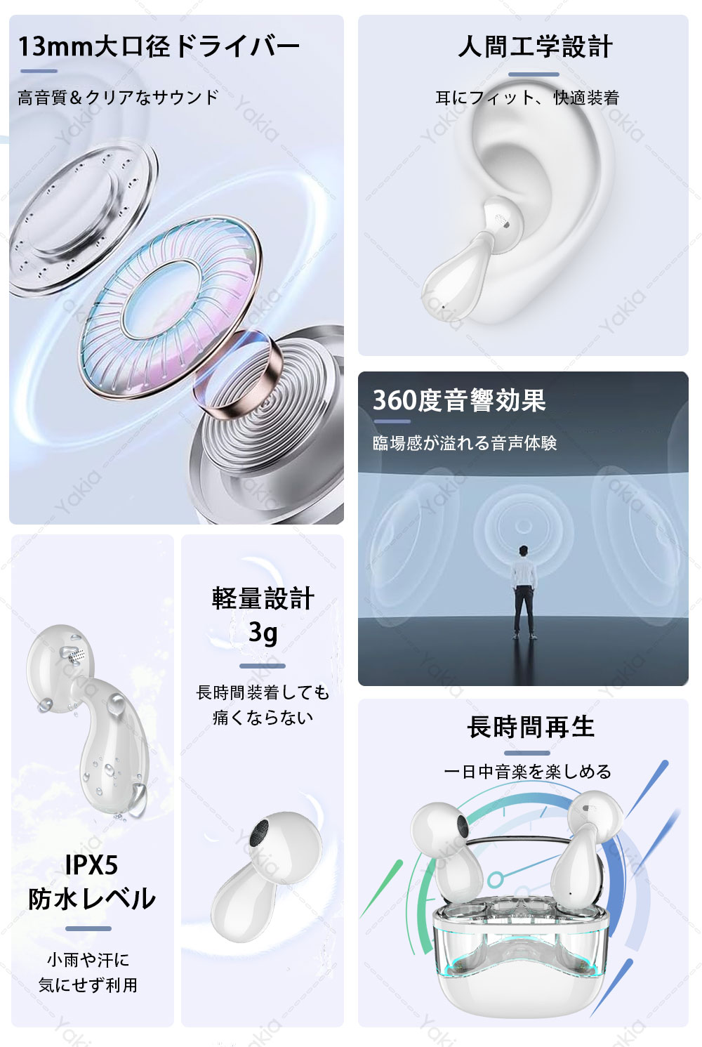 【Hi-Fi音質イヤーカフ】イヤホン Bluetooth5.4 ワイヤレスイヤホン 長時間再生 高音質 ENCノイズキャン イヤーカフ Bluetoothイヤホン 空気伝導 マイク付き ハンズフリー通話 左右分離 Type-C充電 片耳/両耳 iPhone Android適用 yakia-10001524 yakia サンプル画像3