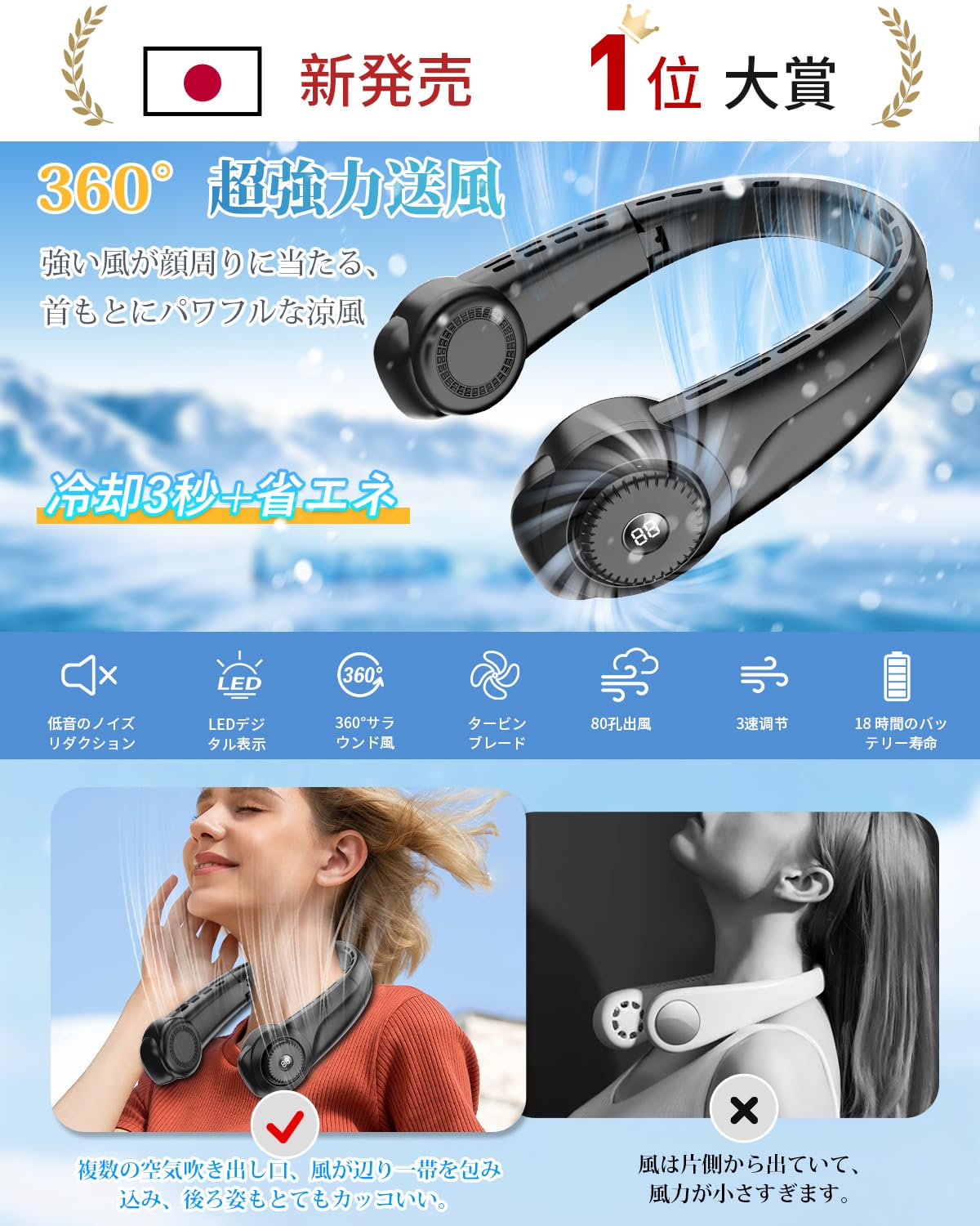 ネッククーラー ネックファン 5000mAh 首掛け扇風機 ネッククーラー LEDディスプレイ表示 ネックファン 携帯扇風機 瞬時冷却 熱中症対策 3段階風量調整 静音設計 超長時間連続稼働 最新冷却式 折りたたみ式 羽なし自由角度調整可 遠足 自宅/家事などに最適
