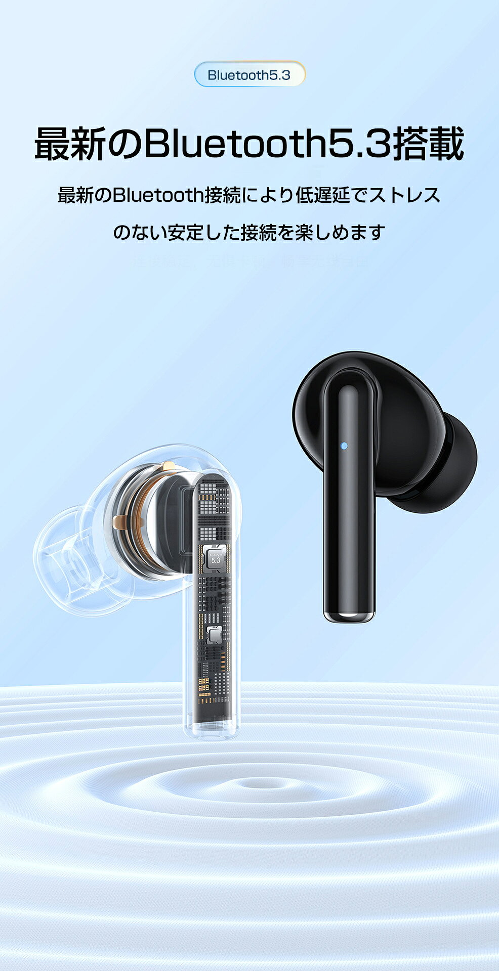 Bluetooth5.3 ワイヤレスイヤホン Hi-Fi高音質 長時間待機 ノイズキャンセリング ...