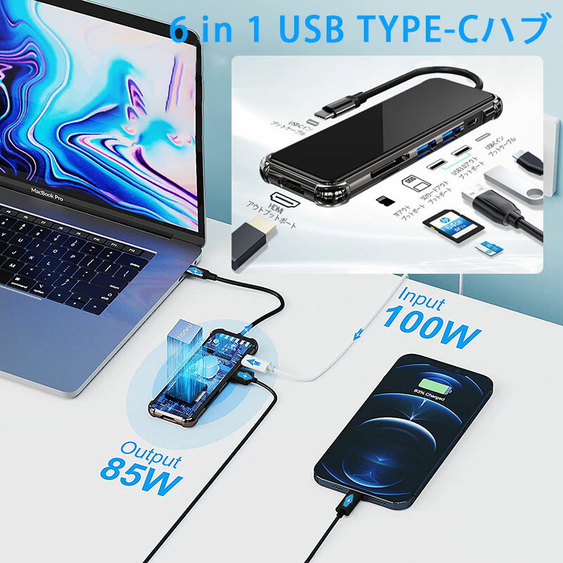 USB Type-C ϥ 6in1 HDMI 4K USB3.0 87wPDб SDɥ꡼ microSD Ѵץ Ρȥѥ PC MacBook windows ʤɤUSB C ǥХб ⡼ ̳