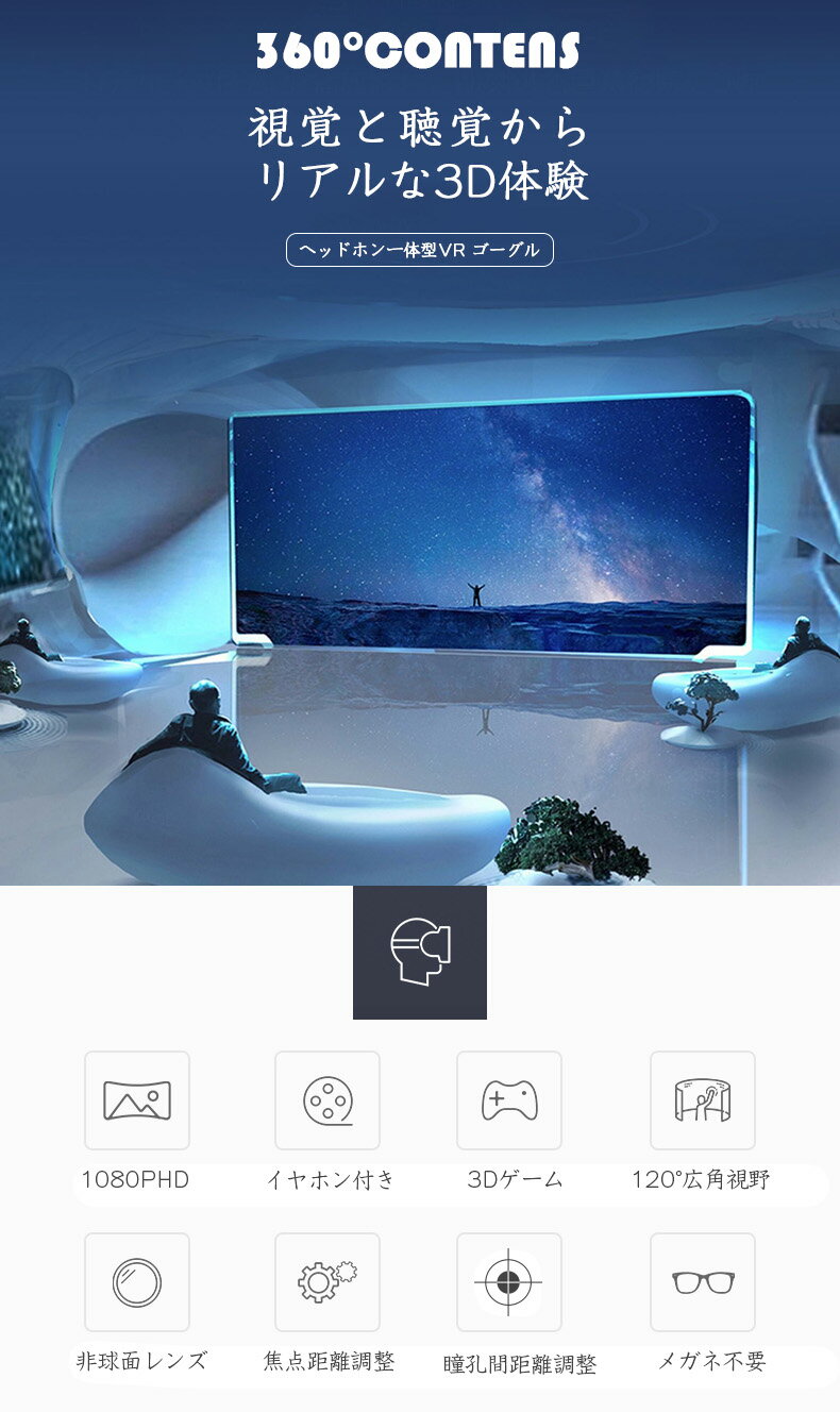 最新型 vrゴーグル スマホ ヘッドホン付き VR ゴーグル 一体型 3D VR 動画 ゲーム 3Dメガネ VRメガネ ヘッドセット バーチャル コントローラ 内蔵 リモコン 付き 4.7~6.5インチ iPhone android スマートフォン アイフォン 対応 プレゼント