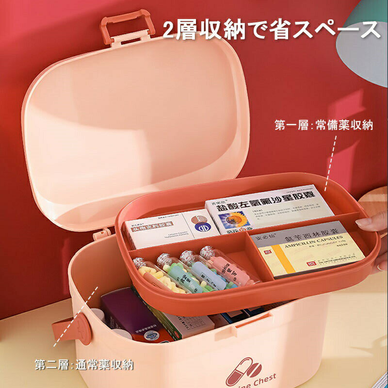救急箱 薬箱 北欧風 大容量 可愛い おしゃれ くすり箱 薬ケース 薬入れ 小物入れ インテリア フタ付き 手提げ 持ち運び便利 収納 工具箱 収納ケース 収納ボックス ケース 雑貨 ファミリー くすりケース 家庭用 緊急 防災 応急手当 応急処置 ピンク グ [3]
