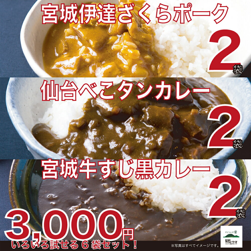 牛すじ黒カレー・伊達ざくら ポークカレー・牛タンカレーのお得な6個パック 税込・送料無料で3000円!　やくらいの里で生まれた宮城のご当地カレー自家消費用のパックです。