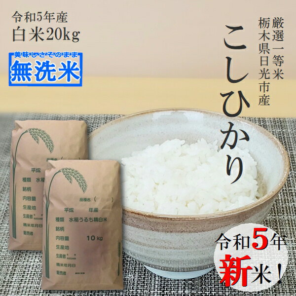 新米 20kg (10kg×2) 無洗米 送料無料コシヒカリ 令和5年産 栃木県産 精米 白米あす楽対応 受注精米 平日14時までのご注文は当日出荷北海道・九州沖縄一部離島は別途送料500円掛かります。食味ランキング特Aのサムネイル