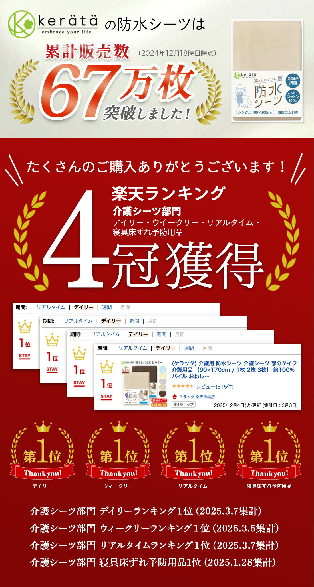 (ケラッタ) 防水シーツ 介護用 【 乾燥機OK! 滑り止め付き 】介護用品 介護用防水シーツ 90×170cm 綿100％ 洗える 全面防水 お得な2枚組 介護用尿漏れ防水シート ギフト 防ダニ おねしょシーツ 赤ちゃん ベビー ペット 生理 おねしょ 介護