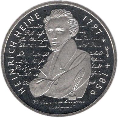 【プルーフ】 ドイツ ハインリヒ・ハイネ生誕200周年 10マルクプルーフ銀貨 1997年