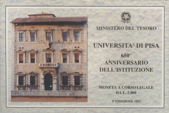 イタリア ピサ大学650年 5000リラ銀貨 1993年