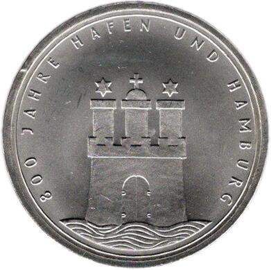 ドイツ ハンブルク港800年 10マルク銀貨 1989年
