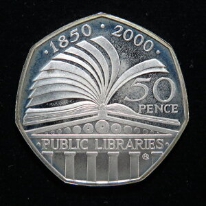 イギリス 公共図書館法150周年記念 50ペンスプルーフ銀貨 2000年 【 エリザベス女王 】
