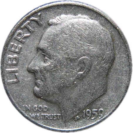 【銀貨】アメリカ ルーズベルト 10セント銀貨 1959年 （流通品）【アメリカ】のサムネイル